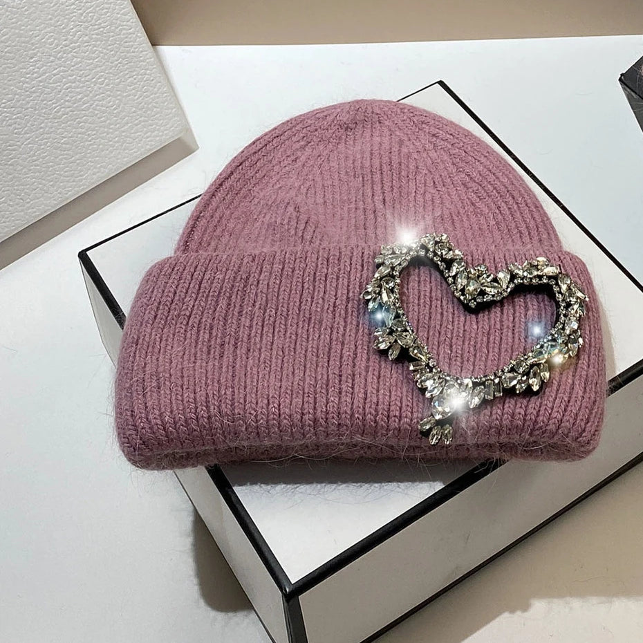 Luxury Heart Rhinestone Winter Beanies Women Solid Color Real Rabbit Fur Knitted Hat Lady Fashion Warm Pullover Caps Gifts dark pink Adult