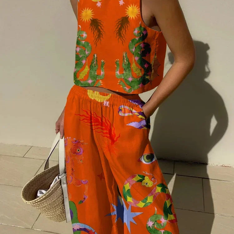 Casual Printed Pant Suits For Women Vintage Crew Neck Sleeveless Vest High Waist Loose Trouser Sets Female Beach Holiday Outfits