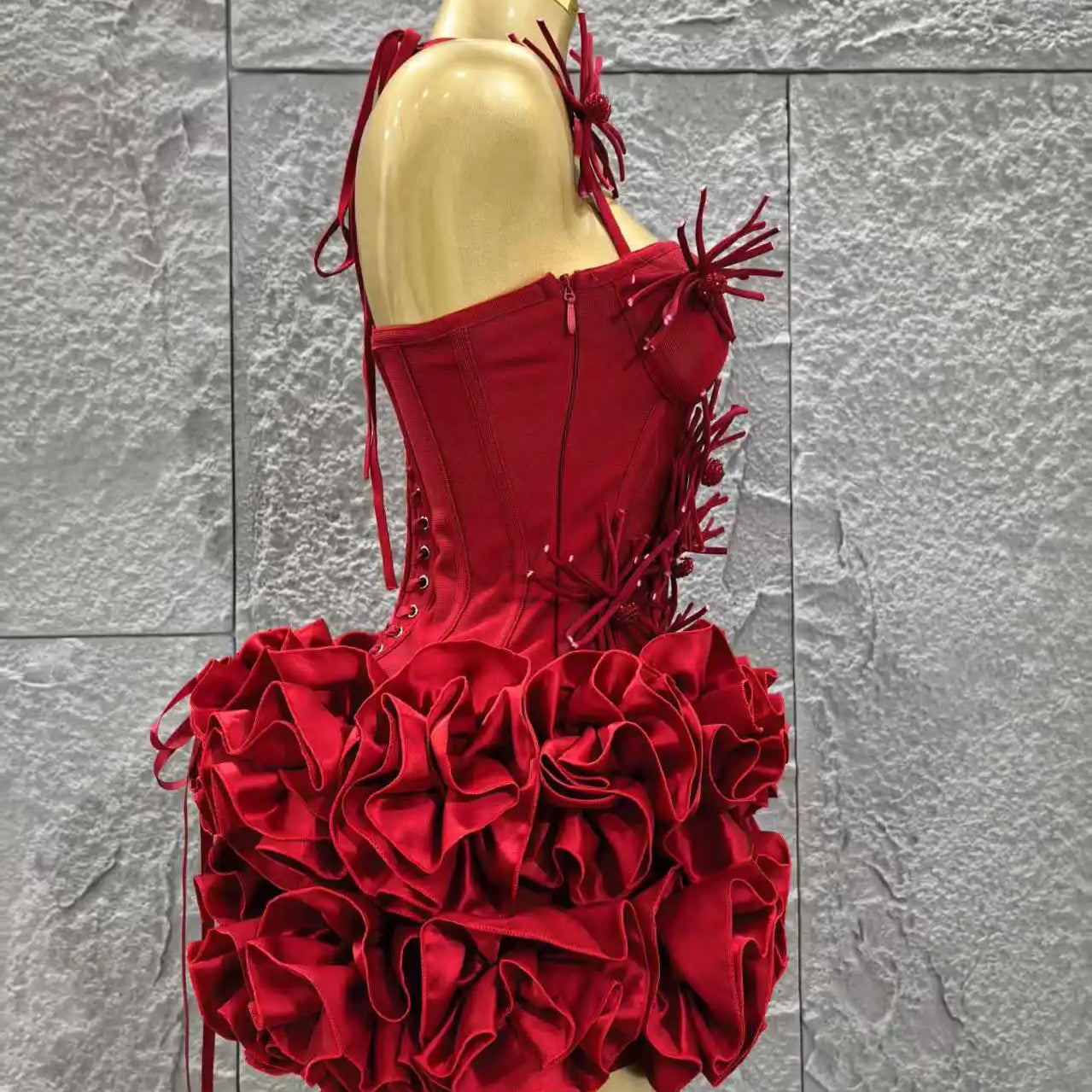 Red Color Women Sexy Halter Full Florals 2 Pieces Bodycon Mini Bandage Dress Celebrate Nightclub Party Birthday Dress