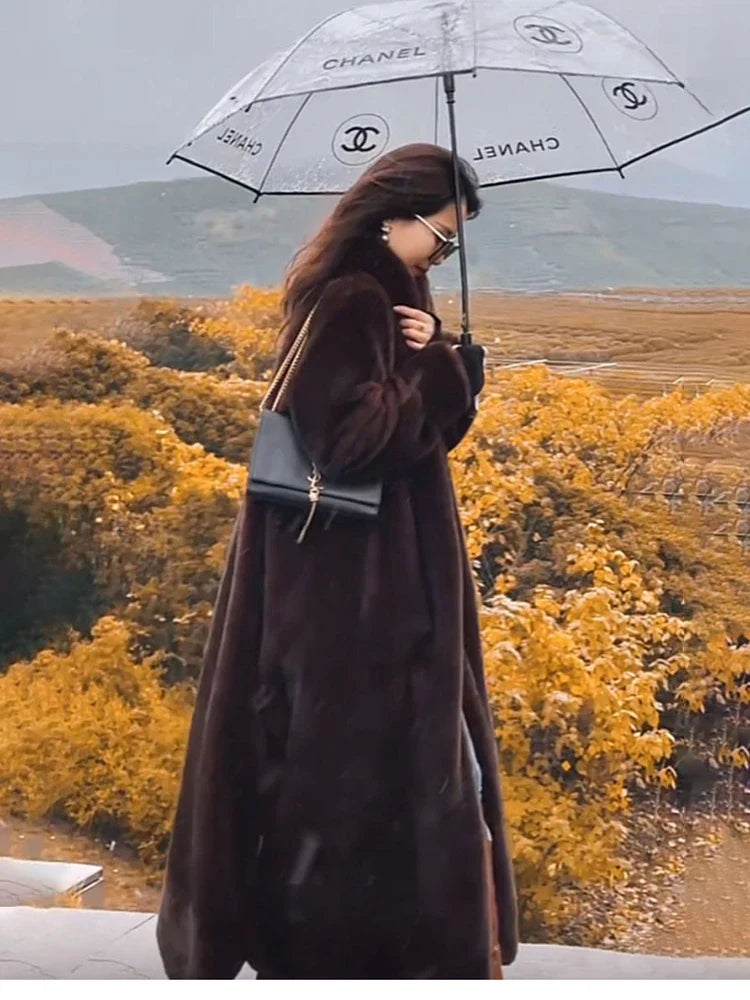 Winter Long Oversized Warm Thick Fluffy Brown Soft Skirted Faux Mink Fur Coat Women Elegant Luxury Furry Overcoat 2024 Dark brown