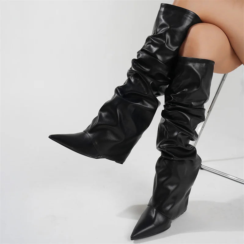 Pleated Black Leather Women's Knee High Boots Sexy Slip On Wedges Shoes Party Ladies Pointed Toe Women High Knee Botas Femininas