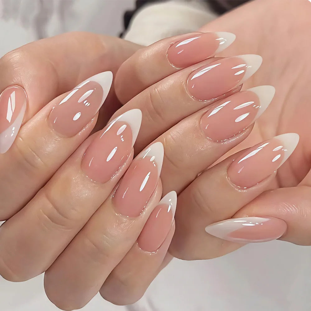 30Pcs White/Black/Red French False Nails Women Daily Charm Manicure Nude Color Almond Press On Nails Wearable Fake Nails Art