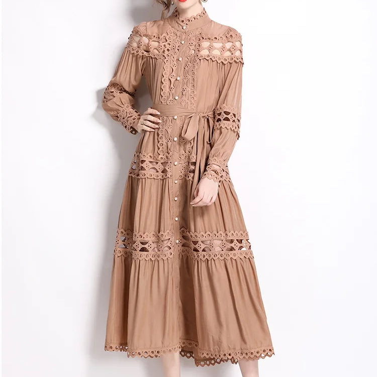 Spring Autumn Stand Collar Lace Hollowed Out Single Breasted Dress Women's Vintage Elegant Full Sleeve Rnnway Long Dress