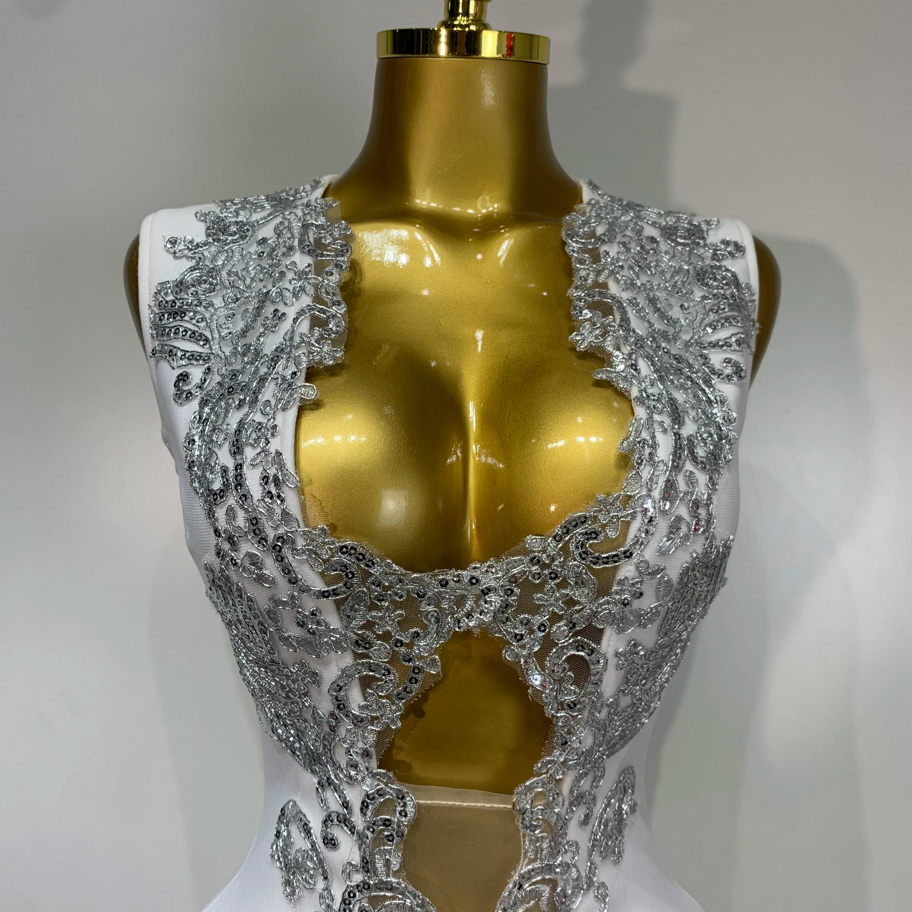 Women 2025 Sexy V Neck Cut Out Short Bandage Dress Silver Sequin White Elegant Luxury Birthday Party Club Wedding Vestidos