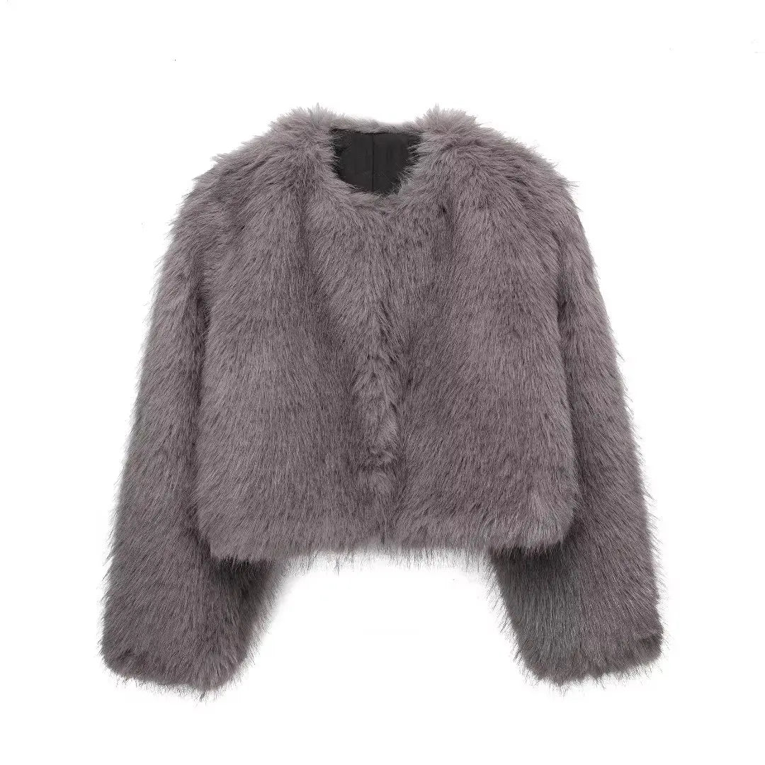 Winter New Fashion Female O-Neck Vintage Long Sleeve Loose Streetwear Top Woman Artificial Fur Effect Jacket Coats Grey