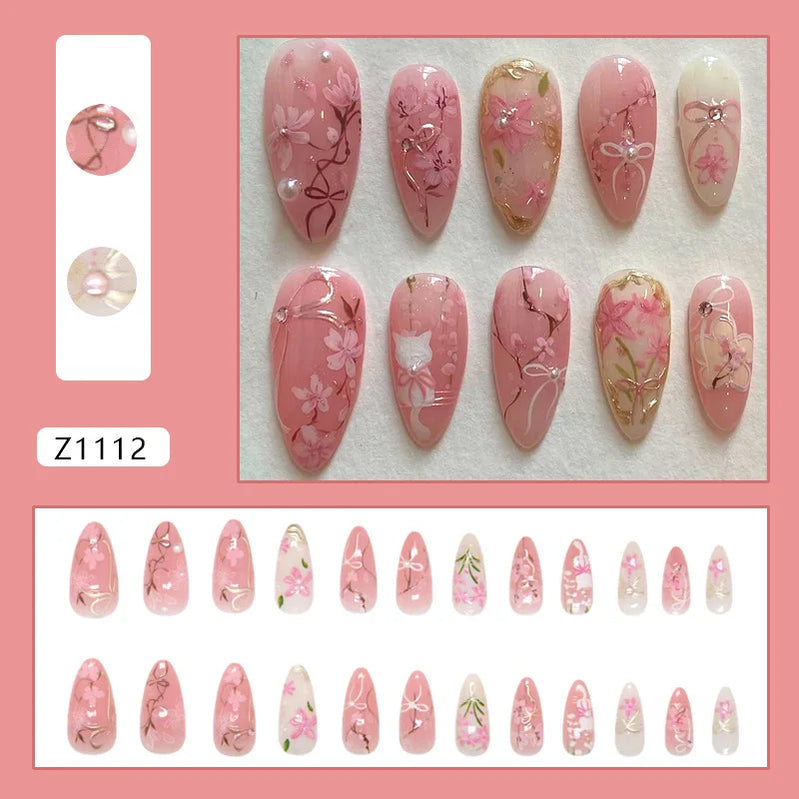 24pcs Flower Print Press on Nails Retro Color Blush Almond Fake Nail Tips Detachable Wearable Sweet Cool Spice Girl False Nails