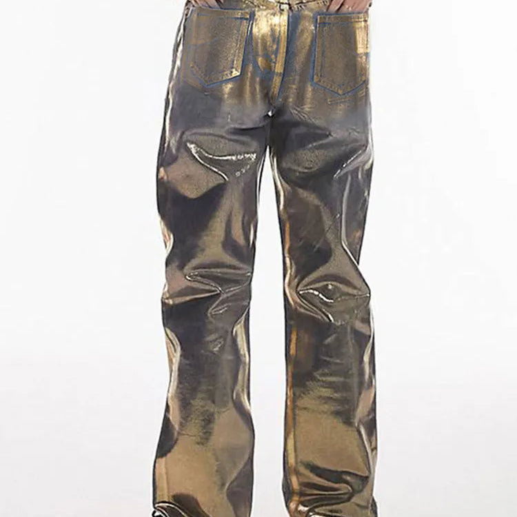 Metallic High Waist Straight Jeans Women Autumn New Printing Loose Wide Leg Denim Pants Streetwear Harajuku Vintage