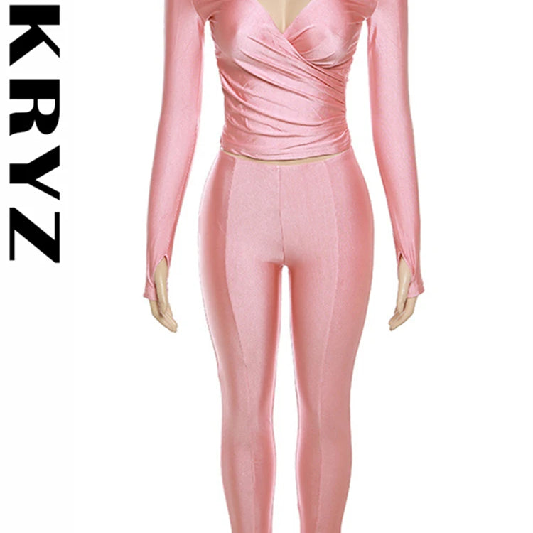 Ladies Off Shoulder Night Clubwear Y2K 2 Piece Long Sleeve V-Neck Folds Tees+Pencil Pants Fashion Club Streetwear Women Outfits