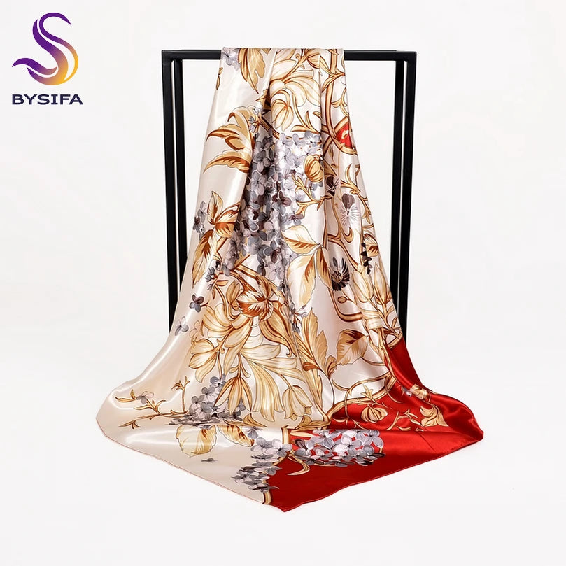 Ladies Green Coffee Square Scarves Printed Women Elegant Satin Large Silk Scarf Shawl 90*90cm Winter Neck Head Scarf beige red