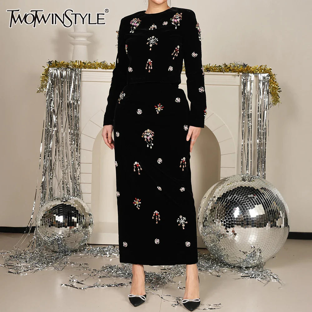 Solid Slimming Two Piece Sets for Women Round Neck Long Sleeves Patchwork Diamonds Top High Wasit Skirt Female New