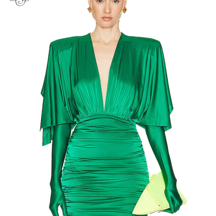 VC Fashion Streetwear Women'S Dress For Special Event Sexy V Neck Draped Design Green Slim Thin Mini Dress With Gloves