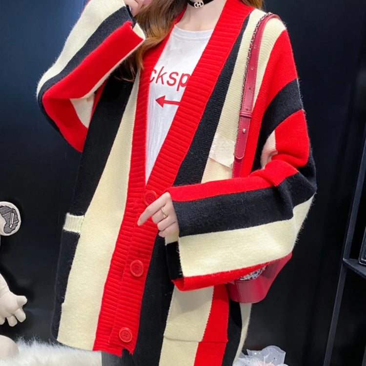Cardigan Women 2024 Autumn Winter Loose Sweater Coat Stripe Color Matching Knitted Cardigan Long Sleeve Tops Women's Clothing Red