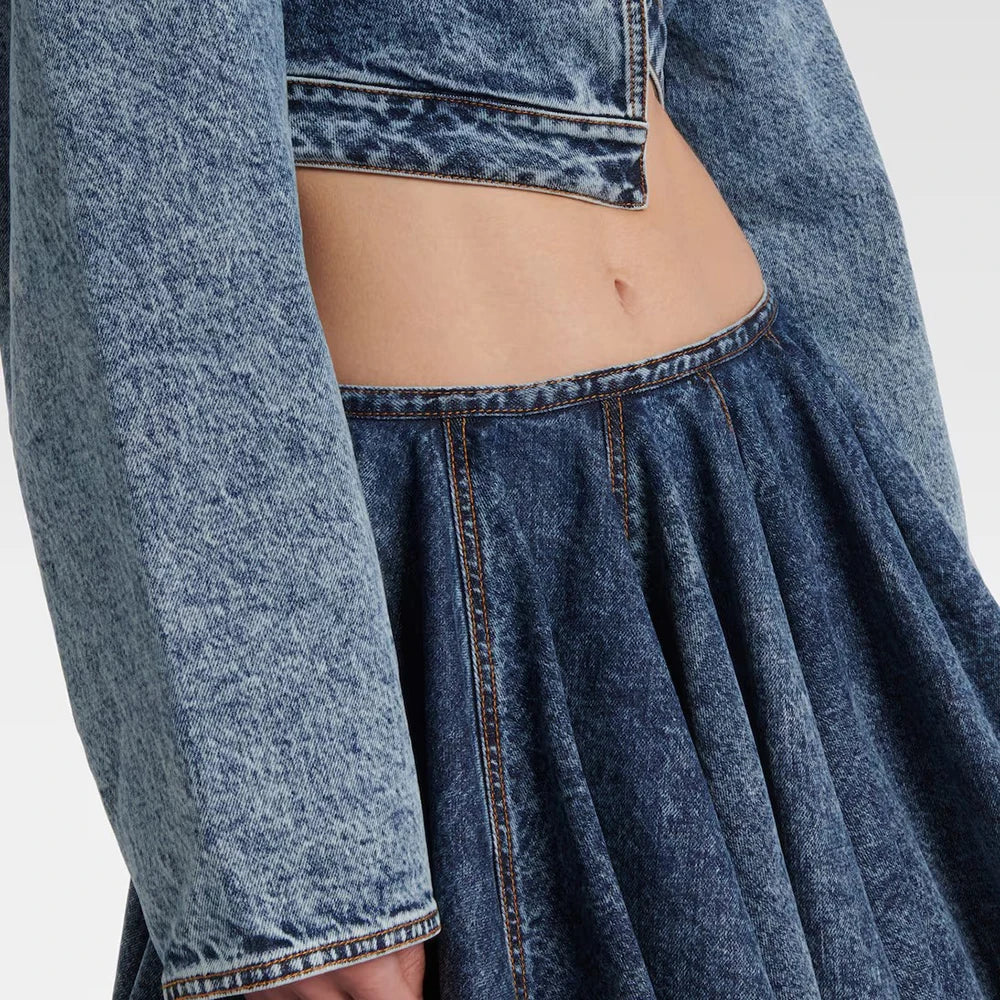 TWOTWINSTYLE Cowboy Sslimming Two Piece Sets for Women Lapel Long Sleeves Top High Waist Spliced Folds Skirts Set Female Fashion