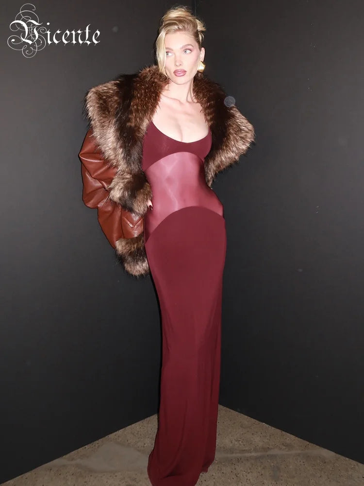 VC Burgendy See Through Mesh Patchwork Long Dress 2025 Summer Backless Skinny Tight Maxi Bodycon Cocktail Party Wear Vestidos