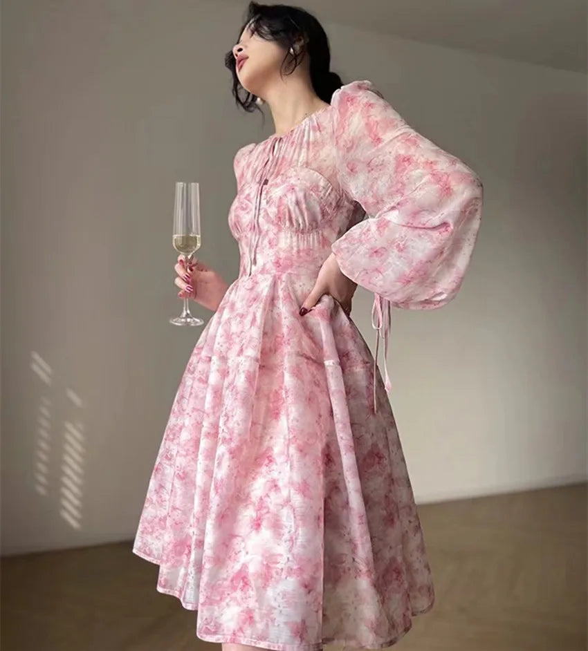 Chic French Elegant Spring Pink Printing Holiday Dress For Women Lace Up O Neck Lantern Sleeve Flower Chiffon High Waist Dresses