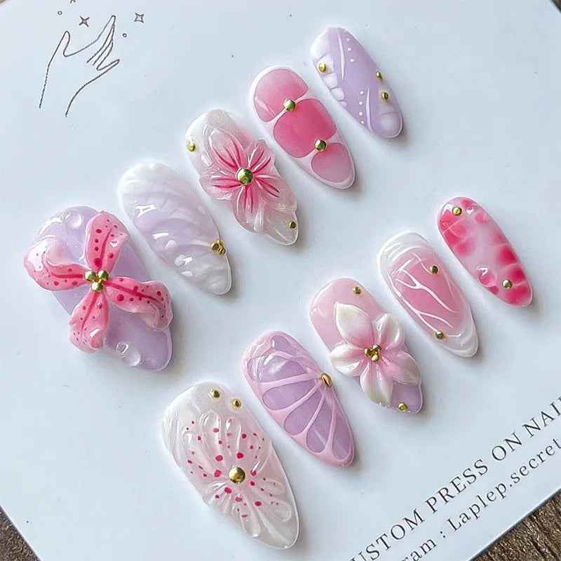 24Pcs Pink Gradient Almond Fake Nails Press on With Pearl Rhinestone Design False Nails Bow Flower Pattern Full Cover Nails Tips