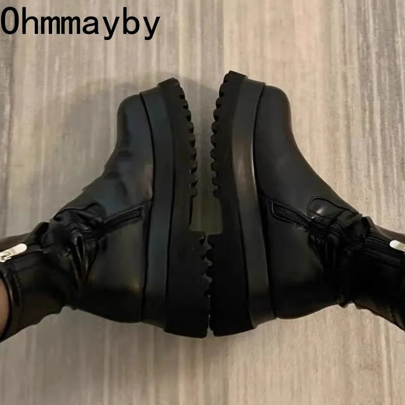 Winter Punk Style Women Ankle Boots Fashion Thick Sole Zippers Gothic Short Boot Ladies Elegant Platform Flats Shoes