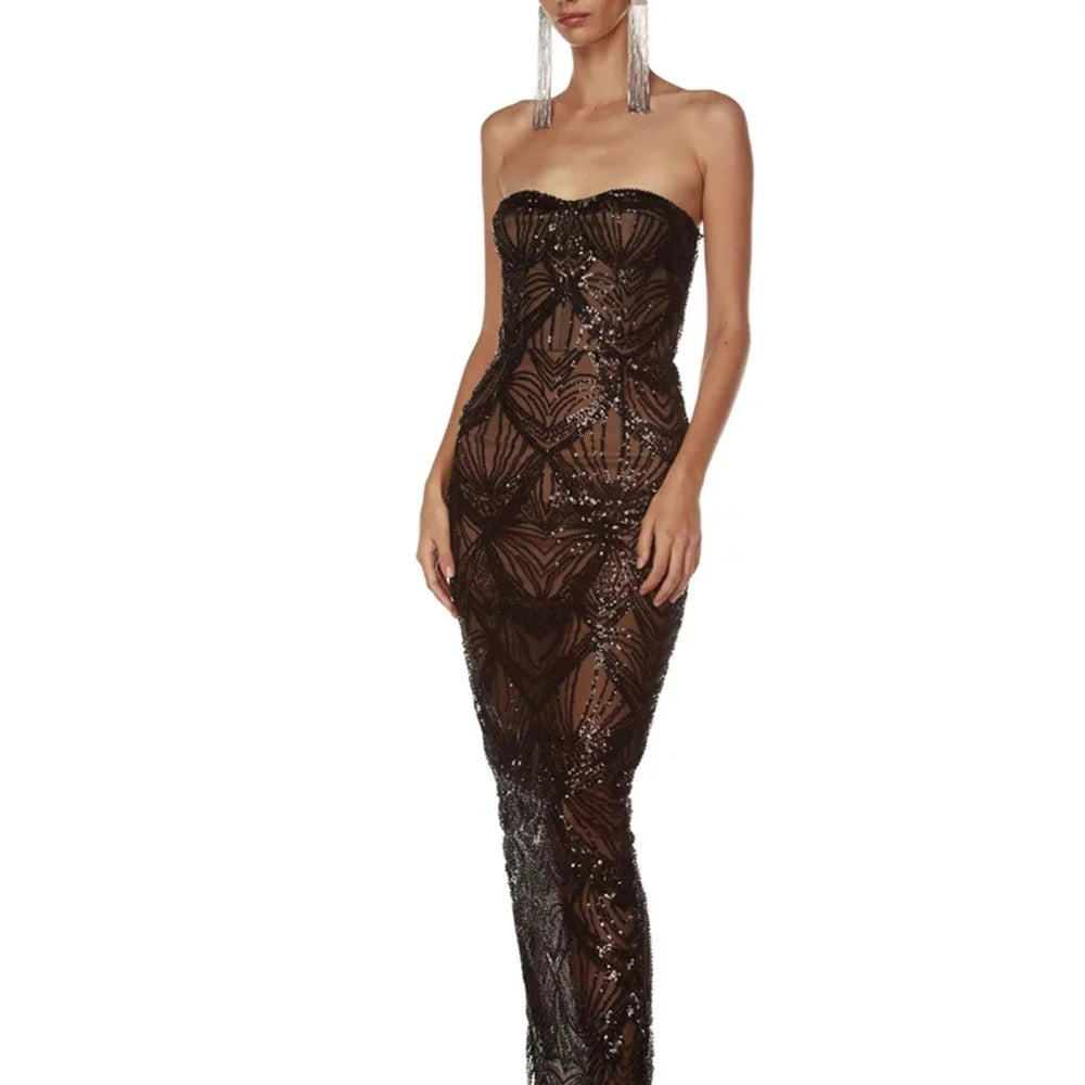 Shining Black Sequins Sexy Mesh See Through  Straplerss Ankle Length Dress Woman Birthday Party Dress Celebrity Party Vestido