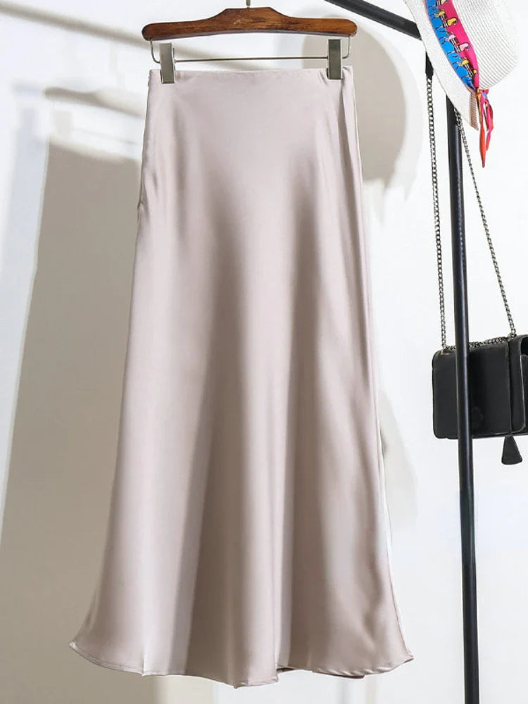 Acetic Satin Fishtail Skirt Woman Korean Fashion Elastic High Waist Skirts for Women Spring/summer New Slim Long Dresses champagne