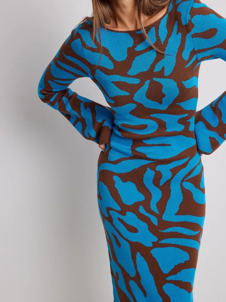 Striped Knitted O-neck Long Sleeve Midi Dresses Elegant Women Bodycon A-line Vestidos Female Fashion Casual Street Maxi Clothes