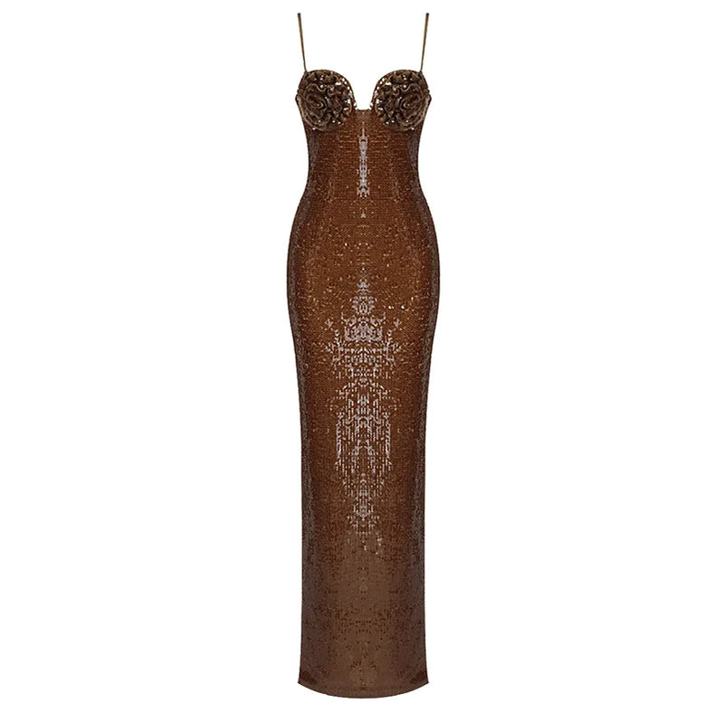 VC Petal Shaped Design Spaghetti Straps Ankle Length Sequins Slip Party Cocktail Evening Elegant Celebrity Long Dress Vestidos Brown