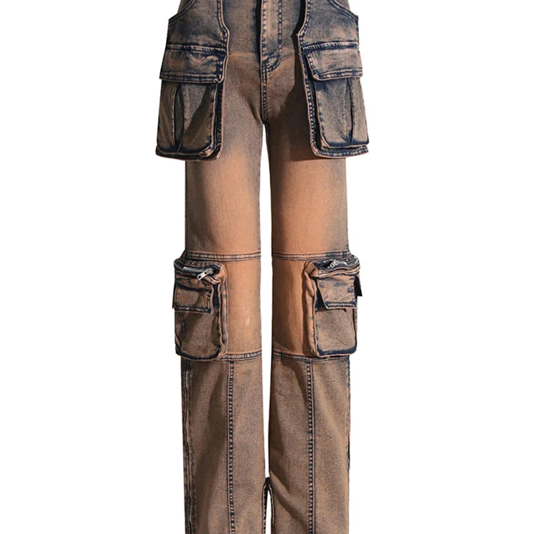 Solid Patchwork Pockets Casual Denim Trousers For Women High Waist Spliced Button Streetwear Loose Cargo Jeans Female New