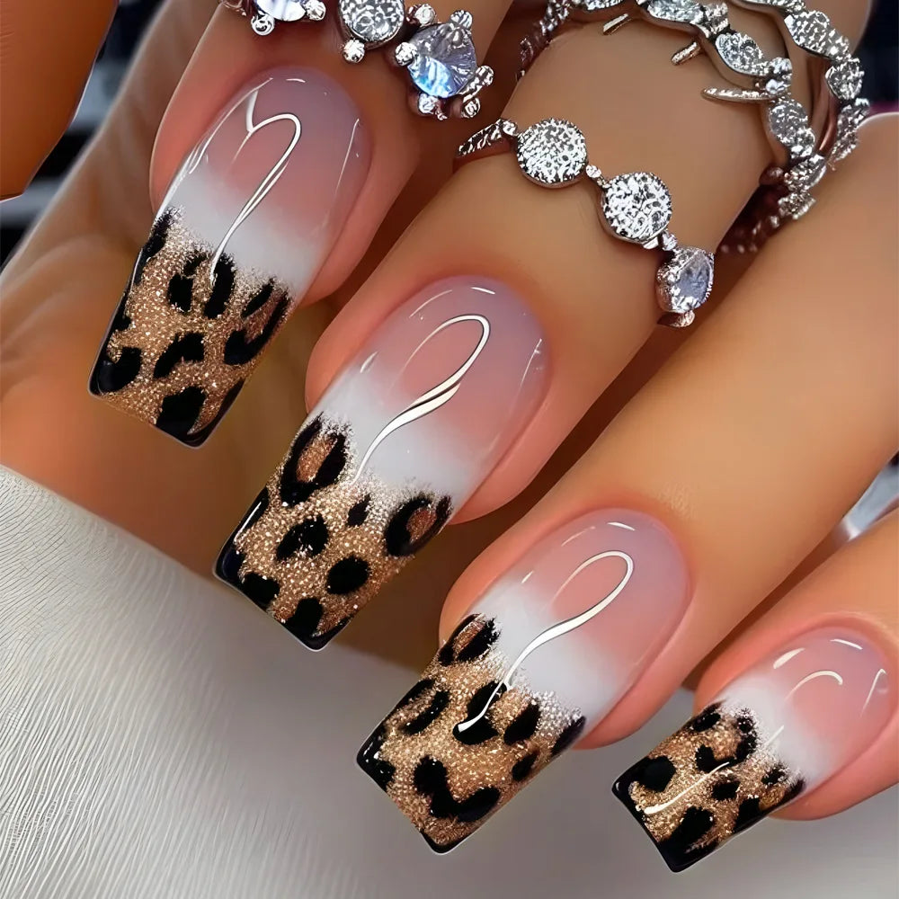 24pcs Mid-length French False Nails Leopard Print Gradient Design Fake Nail Ballet Datachable Press on Nails Finished Manicure