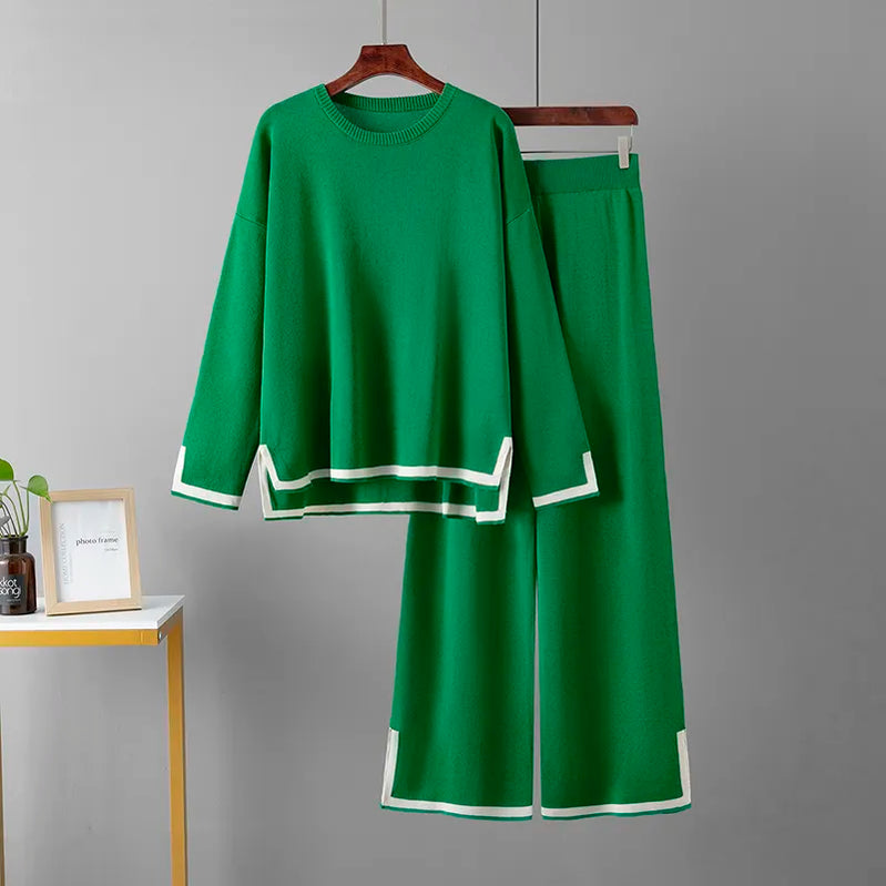 HLBCBG Knitted Women's Trousers Suit Two Piece Set Beige Winter Loose Long Sleeve Knitwear Flare Pants Sets Female Casual Suits green One Size