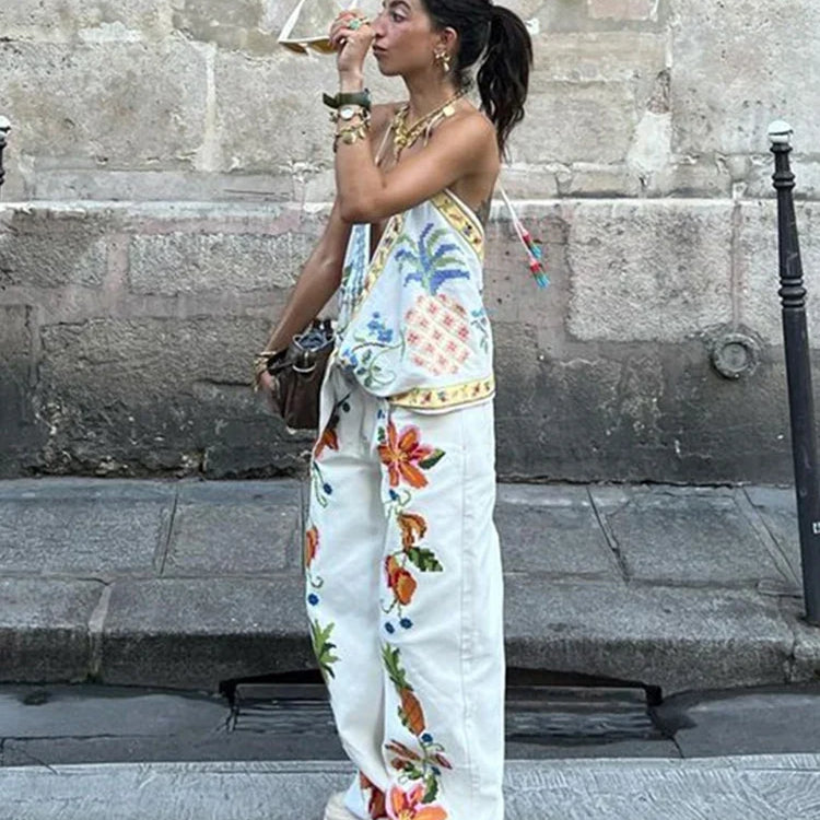 Beach Print Tank Top Pants Sets Women Fashion Halter Backless Sleeveless Vest Wide Leg Zipper Pants 2 Pieces Set Female 2024