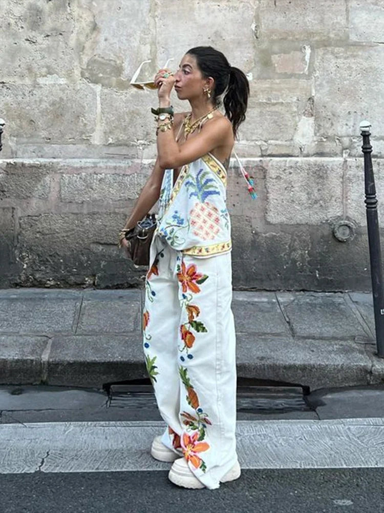 Beach Print Tank Top Pants Sets Women Fashion Halter Backless Sleeveless Vest Wide Leg Zipper Pants 2 Pieces Set Female 2024