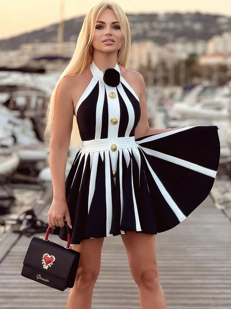 VC 2024 New Summer Women's Black and White Stripe Button 3D Rose Halter Backless Pleated Sexy Sleeveless Knitted Mini Dress
