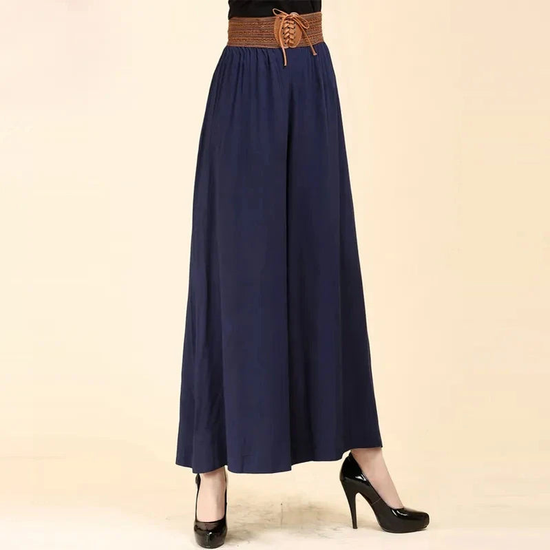 Casual Elastic High Waist Lace Up Belt Wide Leg Loose Women's Pants Korean Fashion Full-Length Pants For Women Spring Blue