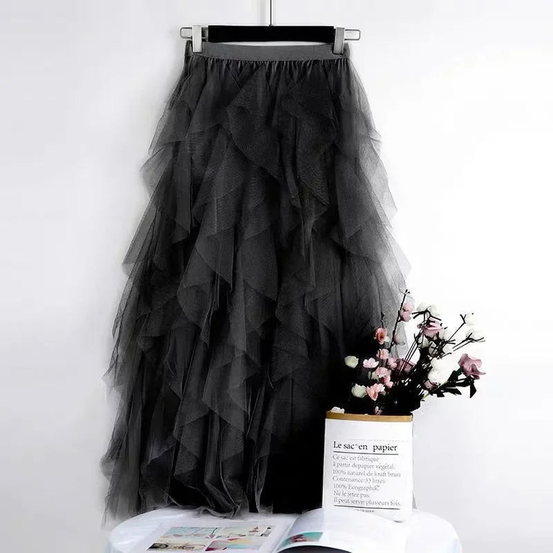Women Tulle Mesh Skirt Elegant Elastic Waist Fairy Long A-line Tutu Skirt for Spring Summer long skirt black one size