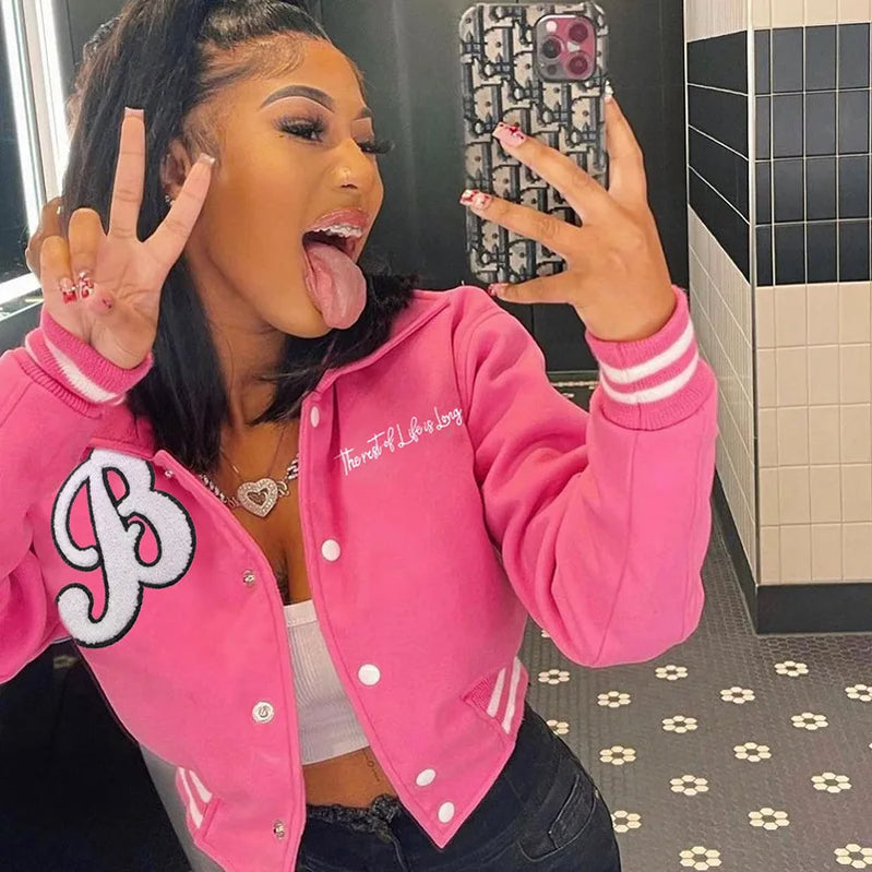 Baseball Jackets Women Single Breasted Letter Hip Hop Streetwear Crop Top Varsity Bomber Jackets Casual College Coats Pink