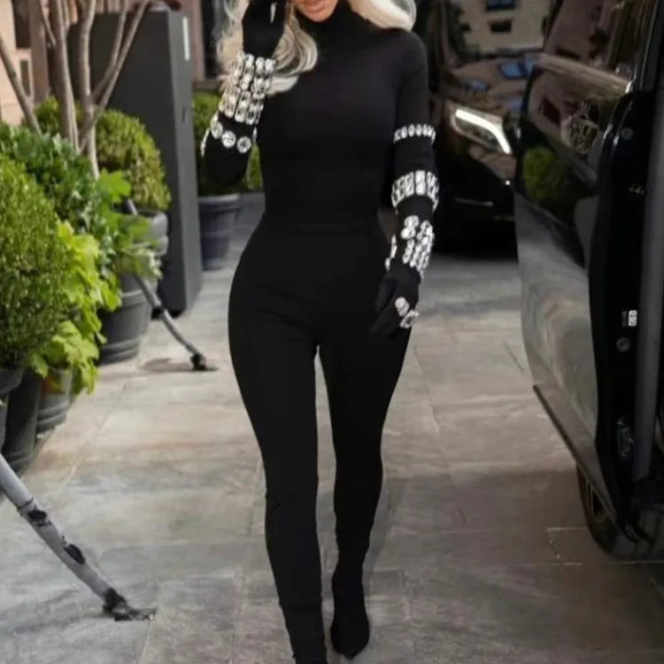 Macacão feminino de celebridades no tapete vermelho, manga longa, sexy, com cristais grandes, bandagem justa, para festa e boate