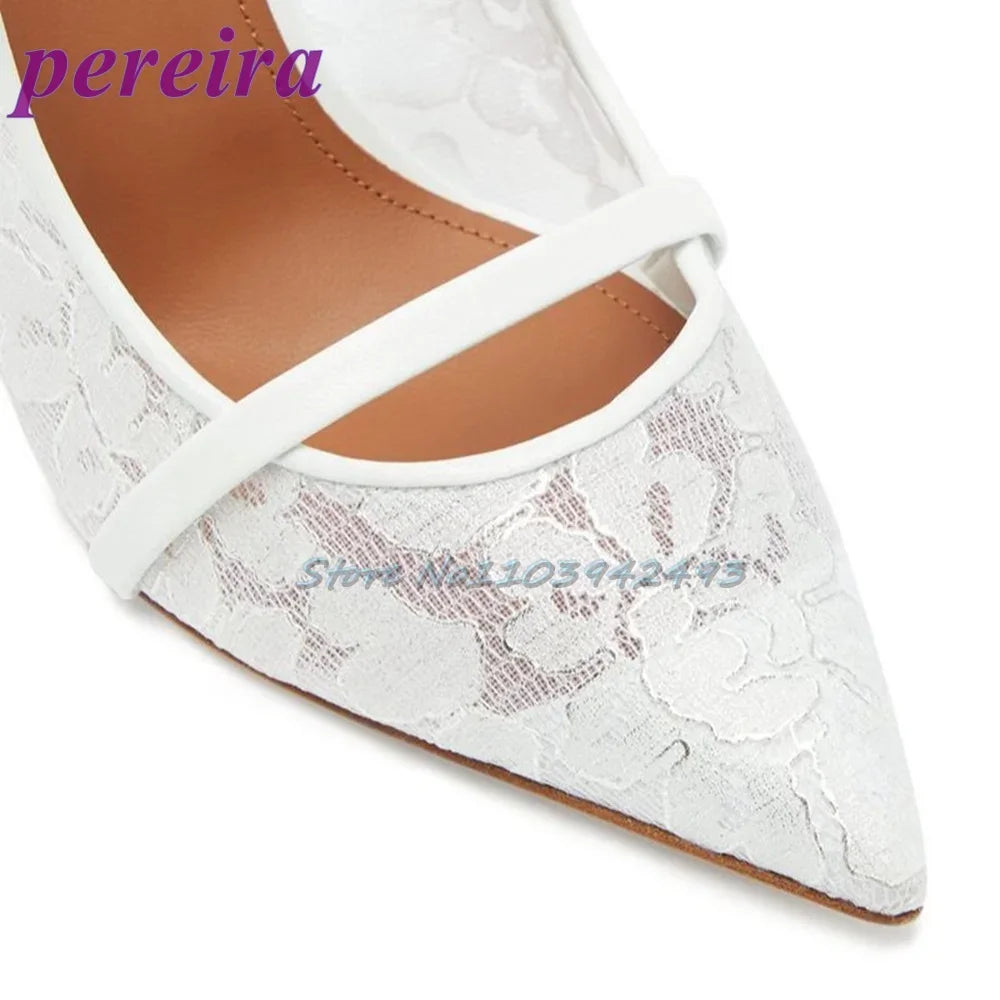 White Mesh Print Heeled Sandals Pointed Toe Strappy High Heels Women Luxury Designer Shoes Wedding Pull On Sandalias De Mujer
