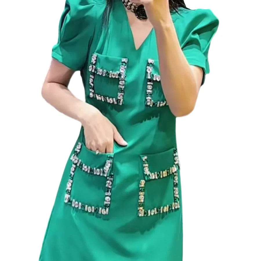 TWOTWINSTYLE Solid Slimming Spliced Pockets Dresses for Women V Neck Short Sleeves Patchwork Bead Elegant Dress Female Clothing