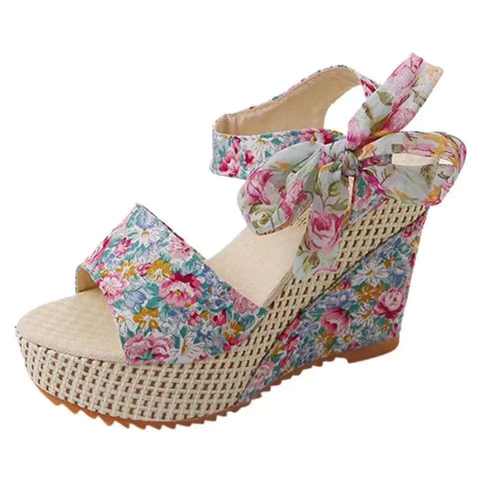 Women sandals Lace Leisure Women Wedges Heeled Women sandals Summer Sandals Party Platform High Heels Shoes Woman blue flower