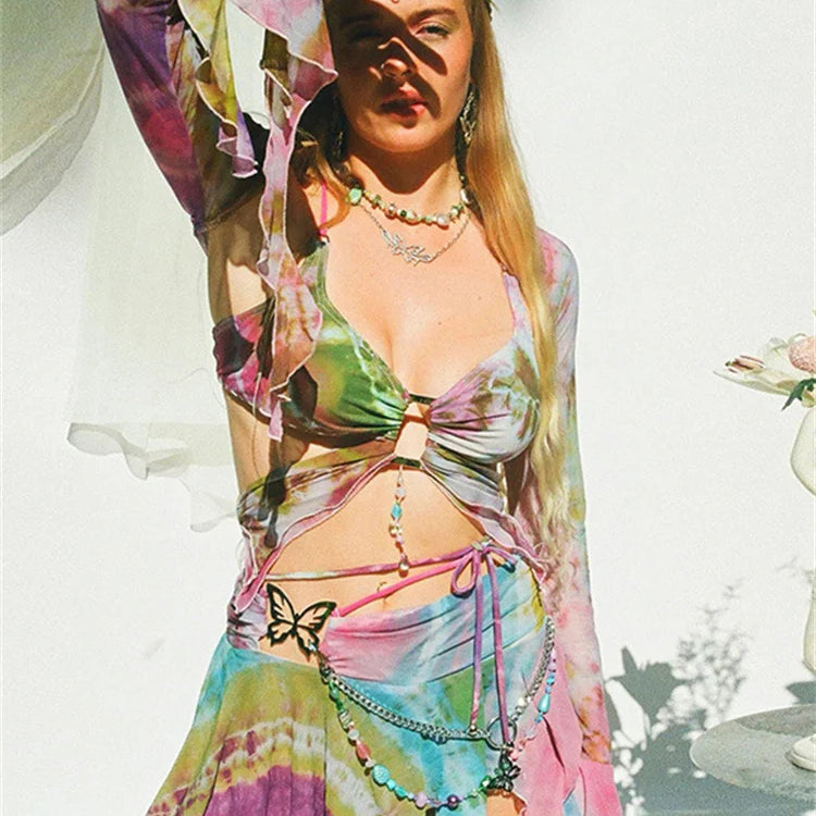Zenaide Fall Mesh Butterfly Women 3 Piece Set Bandage Cami+Irregular Skirt+Fairy Festival Crop Top Tie Dye Rave Party Outfit Y2K