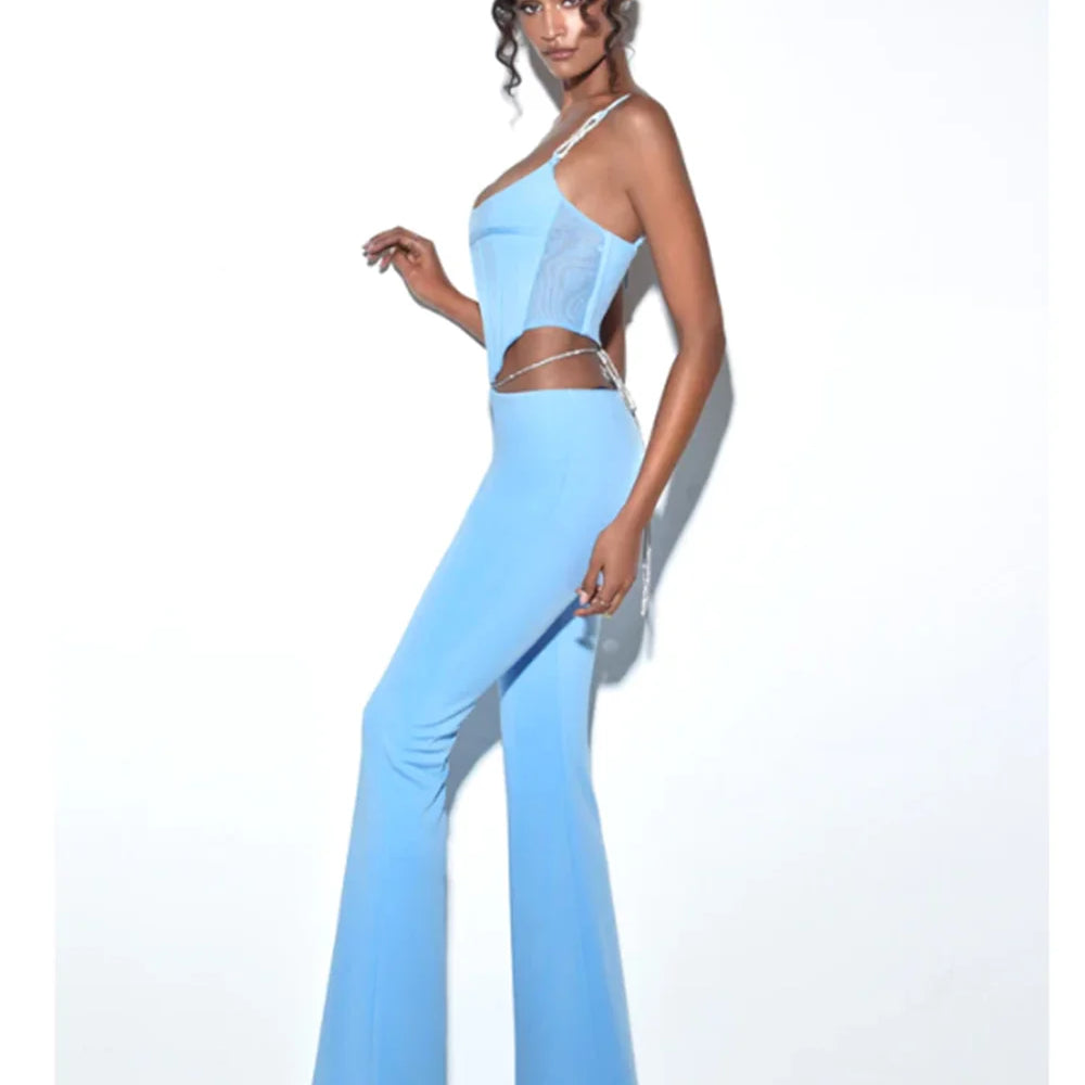 High quality Blue Black Chain Sexy Two Pieces Set Bodycon Rayon Bandage Set Evening Party Sexy Fashion Outfit