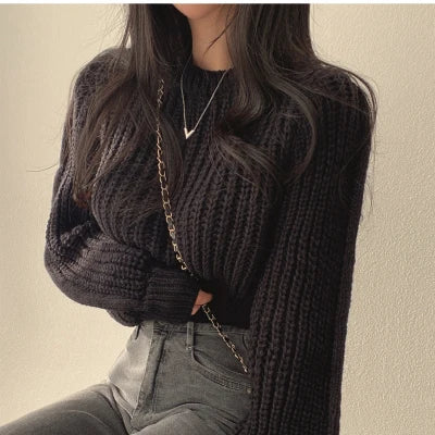 Vintage Harajuku Lantern Long Sleeve Women Sweater Casual Korean Autumn Winter Knitwear Soft Warm Tops Chic Solid Femme Sweater black One Size