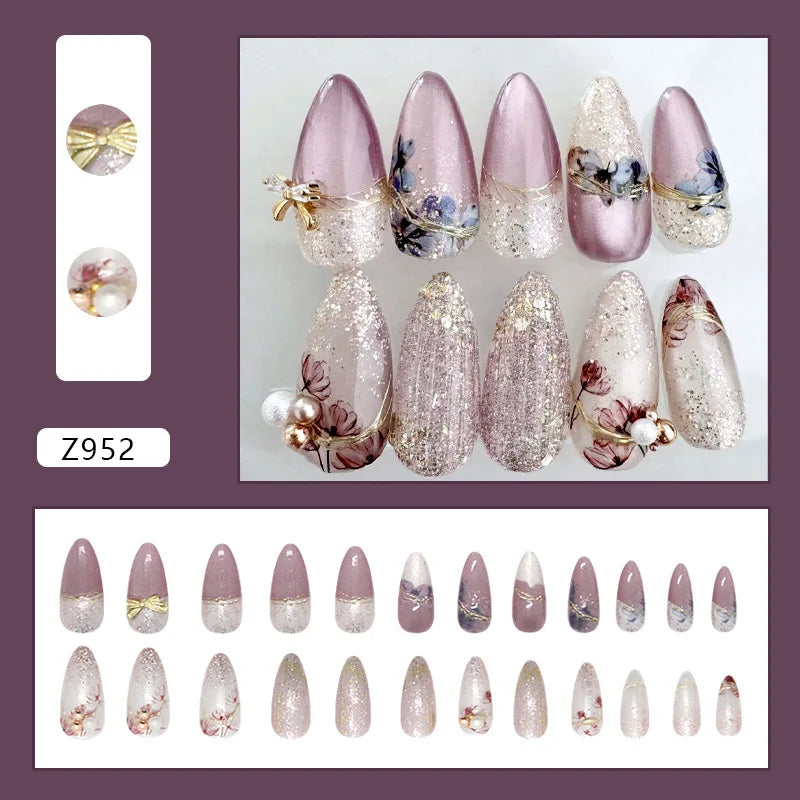 24pcs Shiny Green Cat Eye False Nails Cute Seal Print Fake Nails Tips Wearable Reusable Glossy Short Round Press on Nails