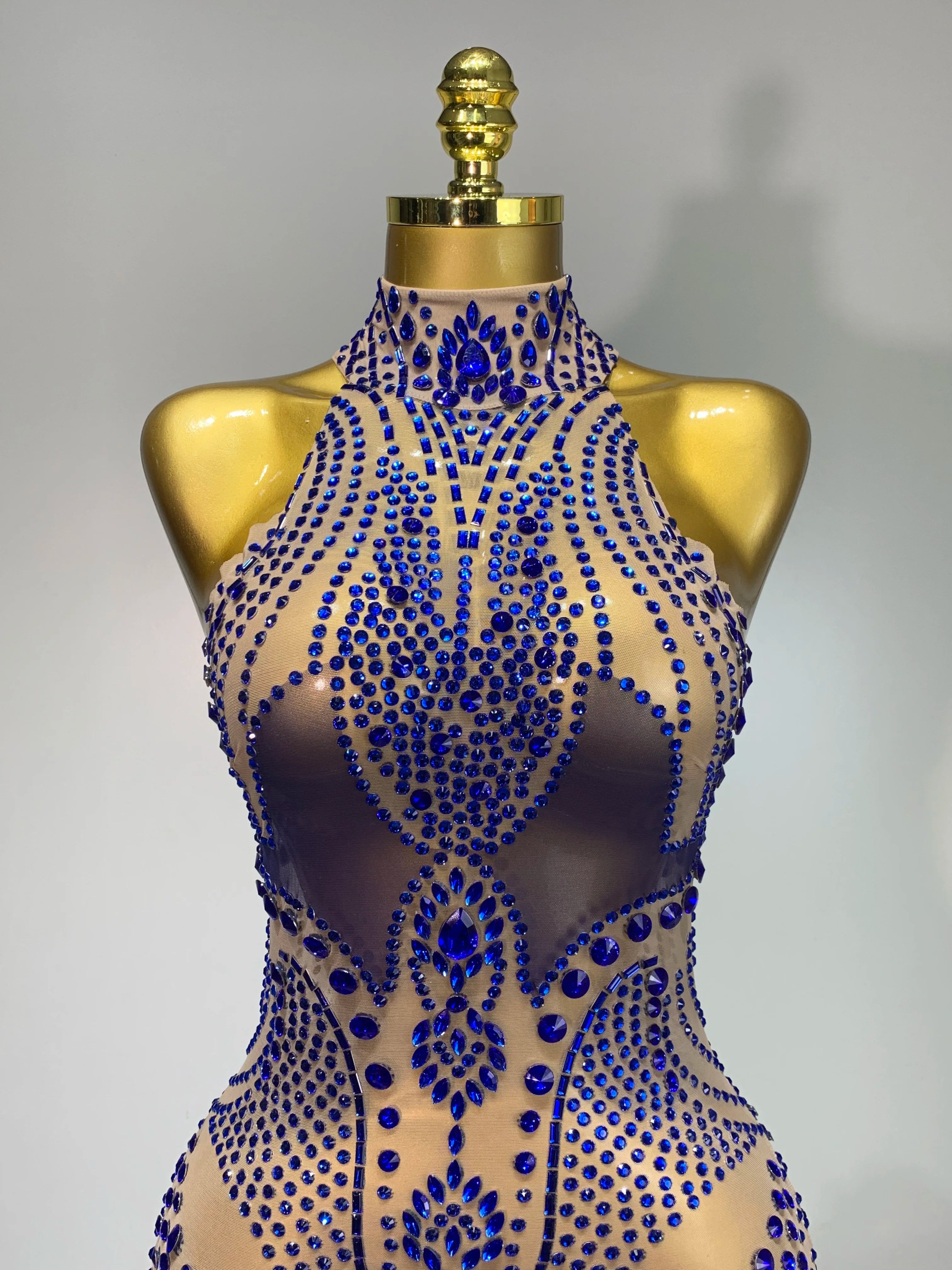 Luxury Birthday Dress Women Rhinestones Sexy Transparent Mesh Mini Dress Evening Party Nightclub Stage Performance Costume