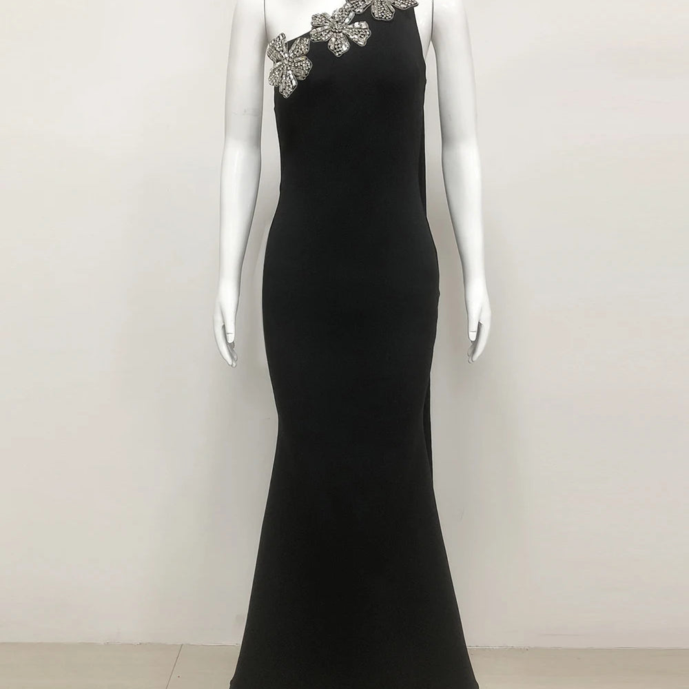 Elegant Solid Diamond Flower Bandage Women Halter Dress Off Shoulder Sleeveless Backless Slim Female Maxi Dresses 2025 Lady Robe