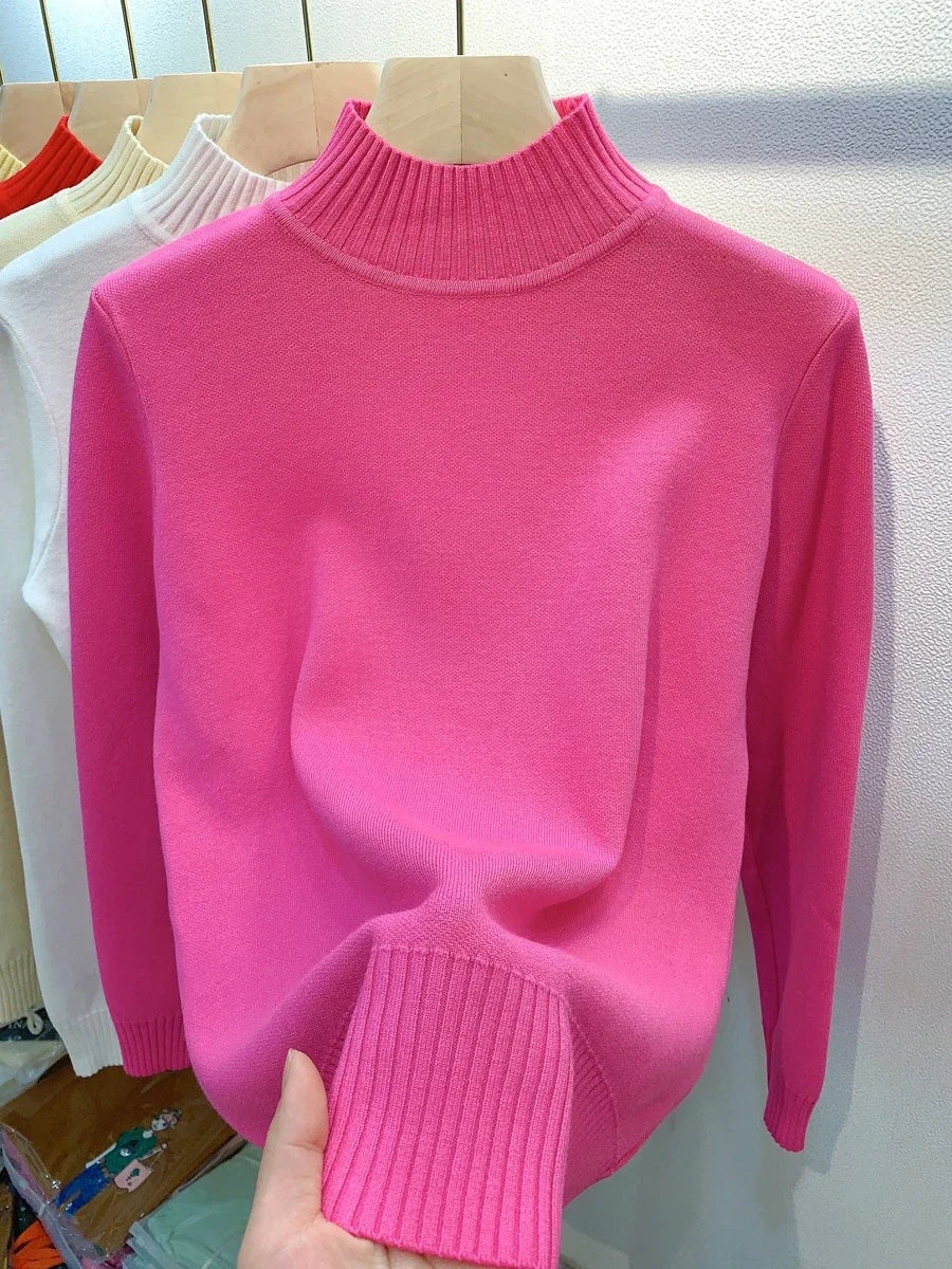 Candy Color Half Turtleneck Sweater Pullover Women Fall Winter Slim Soft Knitwear Jumper Korean Casual Warm Knit Long Sleeve Top rose red