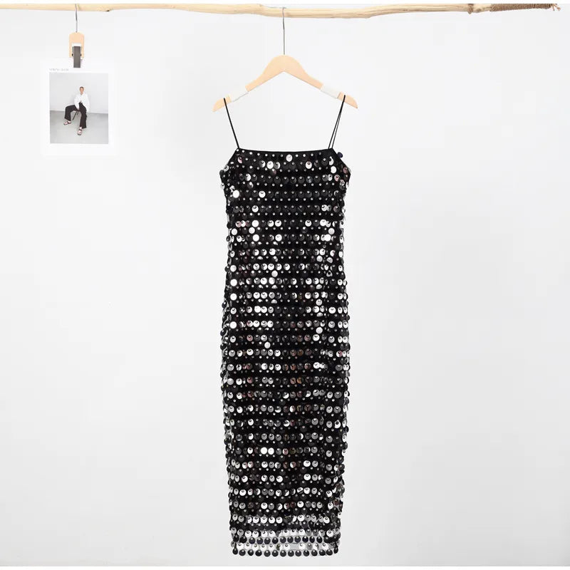 Sequined Tube Top Strap Dress Women Sexy Sleeveless Slim Solid Straight Long Vestidos Fashion Backless Slip Split Evening Robe black