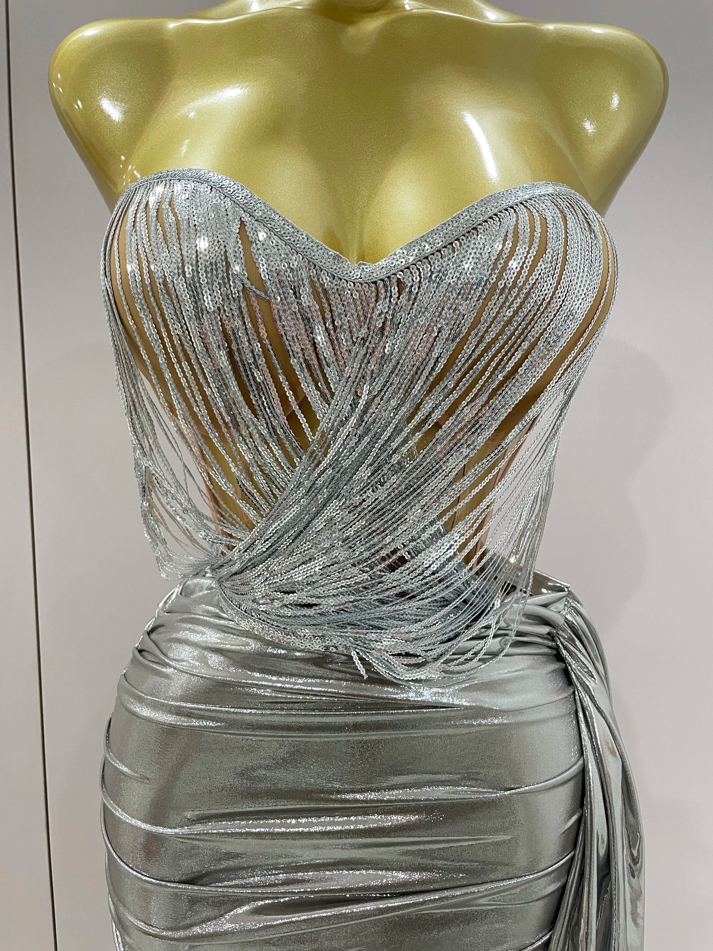 Stock Shiny Silver Sequin Tassels Mini Dress 2-piece Set 2025 New Women Evening Birthday Party Club ShootPhoto Stage Costume