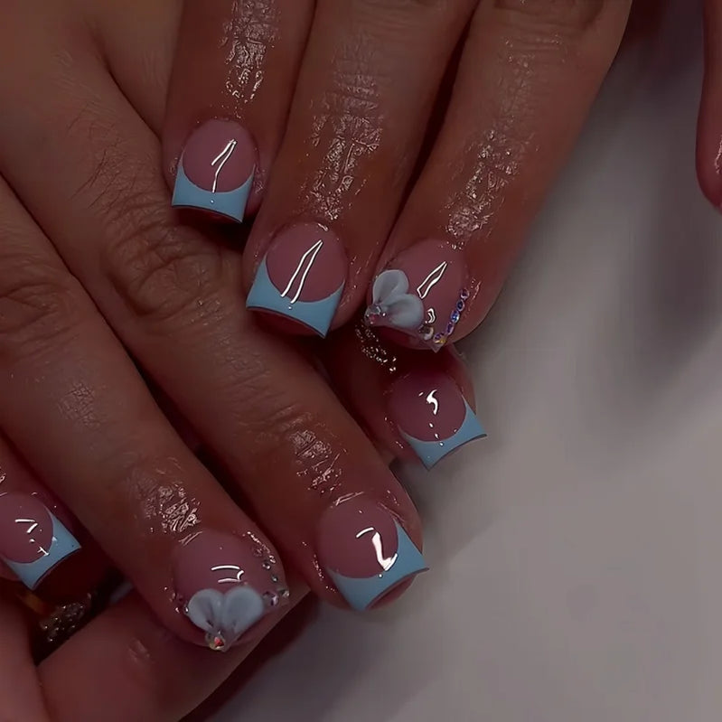 24pcs Simple Flower Press on Nails Sets Orange French Mid-length Square Fake Nail Tips Reusable False Nail Art Finished Manicure