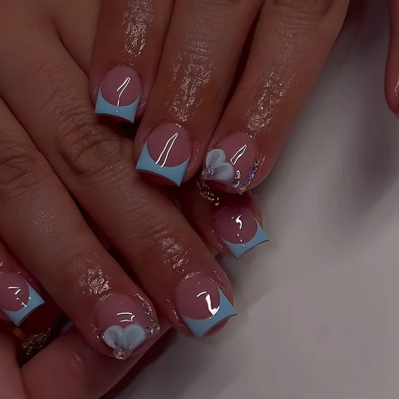 24pcs Simple Flower Press on Nails Sets Orange French Mid-length Square Fake Nail Tips Reusable False Nail Art Finished Manicure