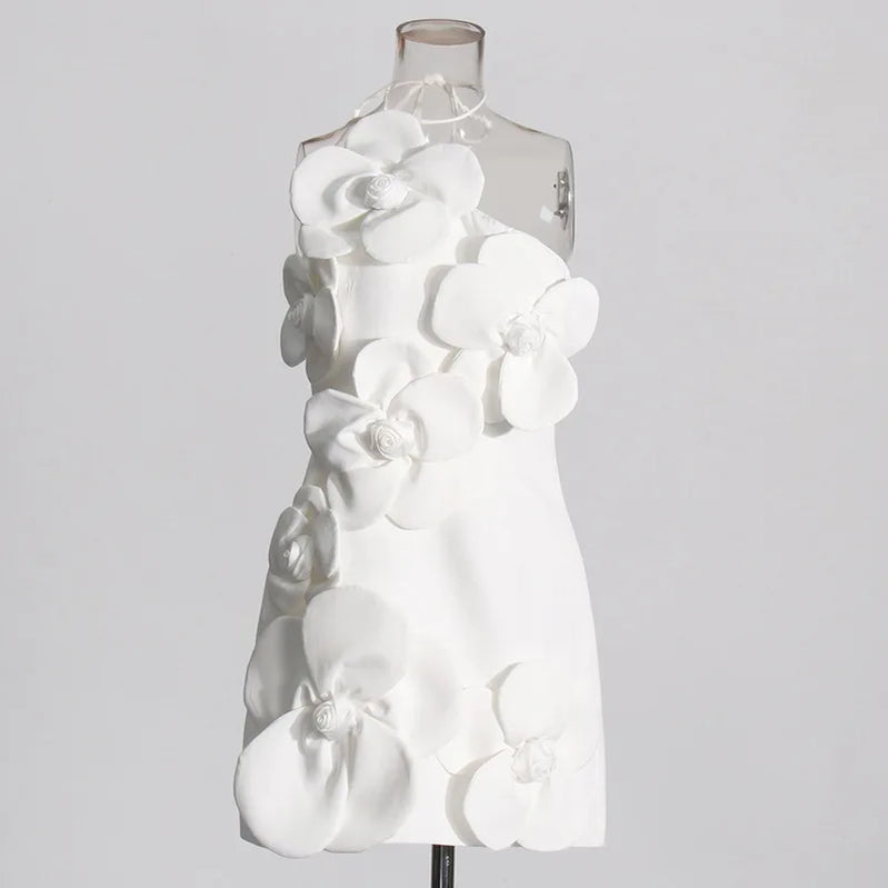 White Color Women Sexy Halter Backless Off the Shoulder Bodycon Mini Dress Florals Birthday Party Celebrate Vacation Dress